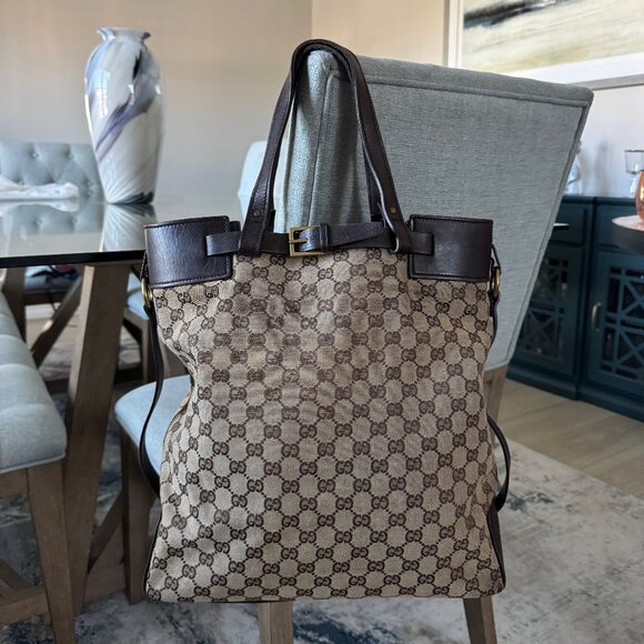 Gucci GG CANVAS Vintage Buckle Tote Brown Large - Picture 1 of 16